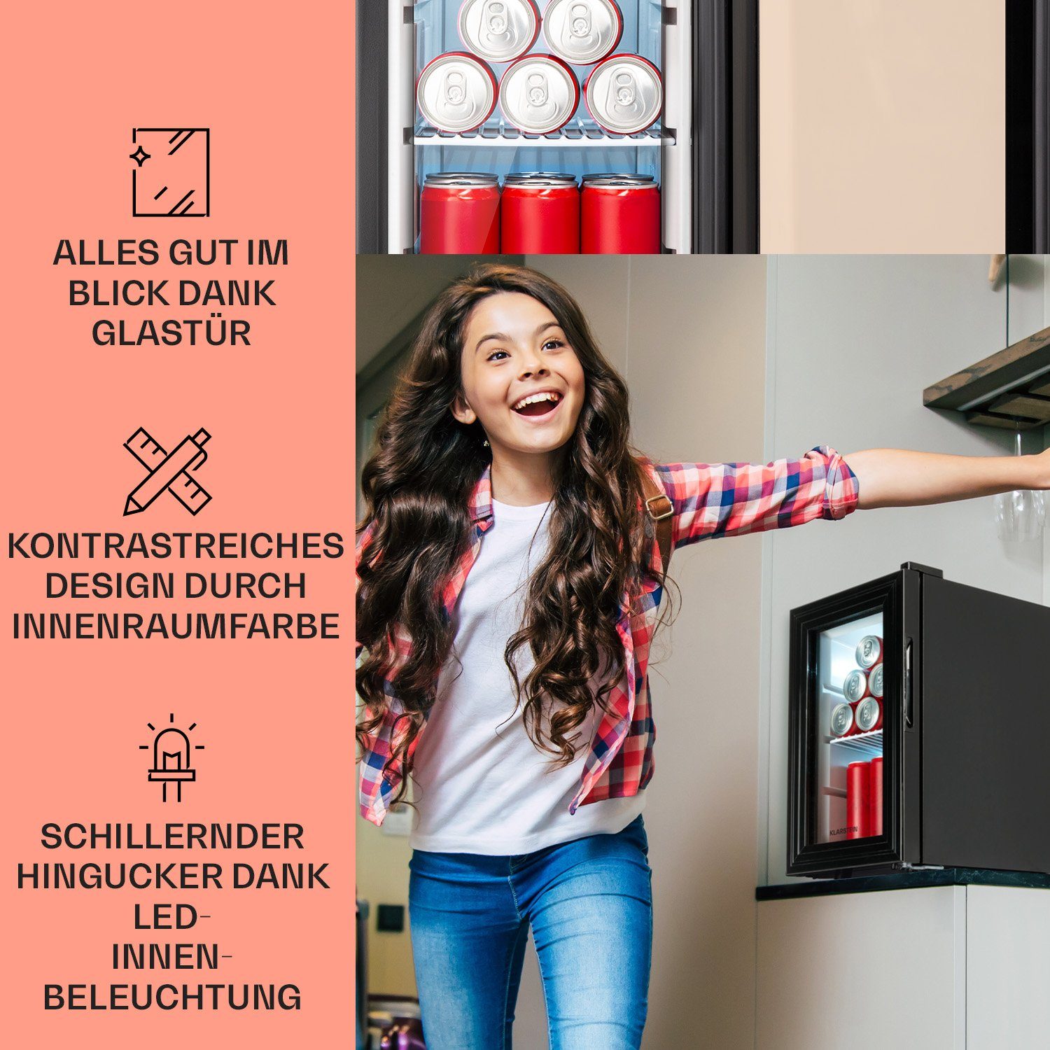 Klarstein Table Top Kühlschrank HEA3-Brookly23-S 10039904, 48.5 cm hoch, 26 cm breit, Hausbar Minikühlschrank ohne Gefrierfach Getränkekühlschrank Glastür