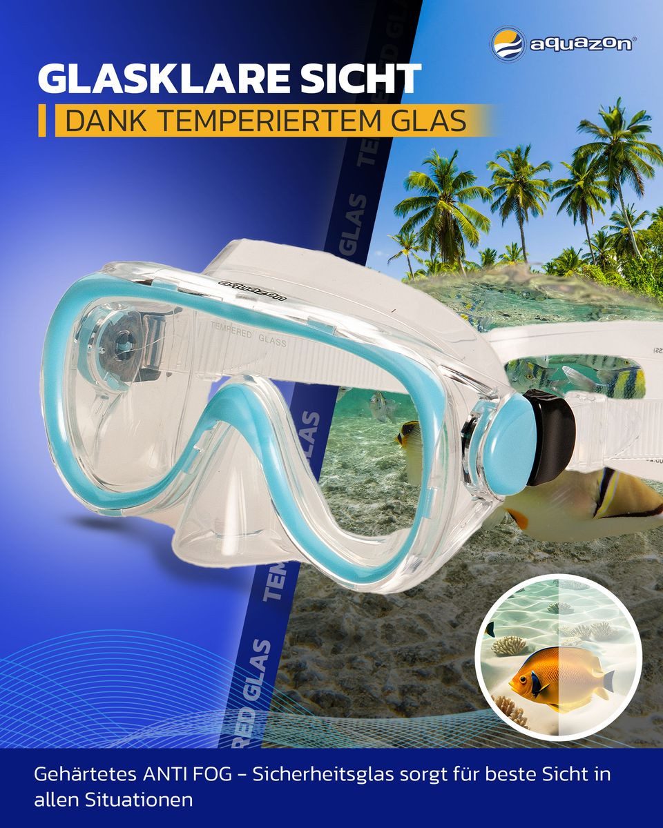 AQUAZON Taucherbrille DOLPHIN, Schnorchelbrille für Kinder 7-12 Jahre, Tempered glas