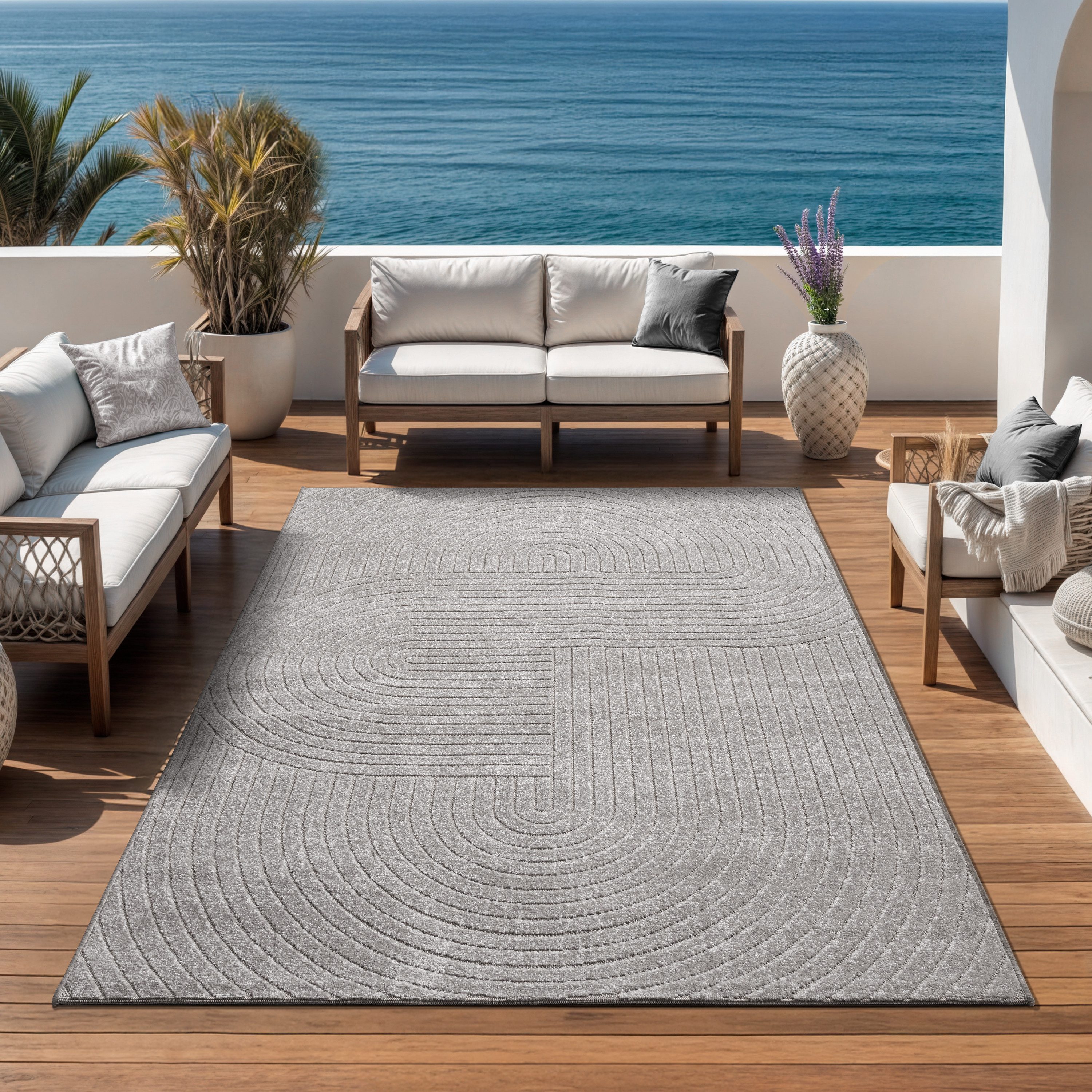 OTTO home Teppich Lorent, rechteckig, Höhe: 5 mm, Kurzflor, Uni Farben, Hoch-Tief-Effekt, Scandi-Look, Outdoor geeignet