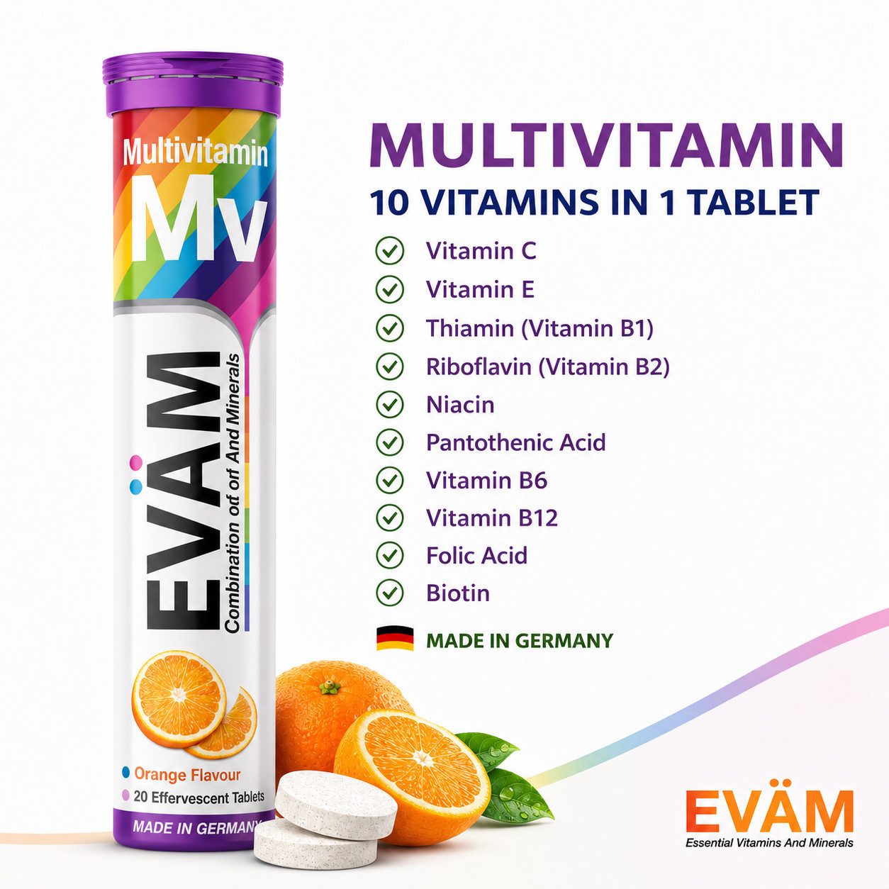 EVÄM Multivitamin Plus – 10 Vitamine in 1 Tablette, orange Brausetabletten, 3 er Rörchen à 20 St., 246 g, vegan und made in Germany