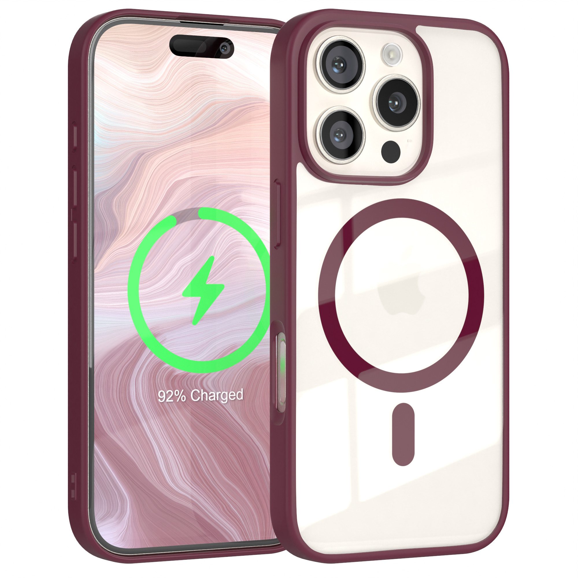 EAZY CASE Handyhülle Transparente Hülle mit MagSafe für iPhone 16 Pro 6,3 Zoll, Back Cover Slimcover mit Displayschutz, Magsafefunktion, Bumper, Beere