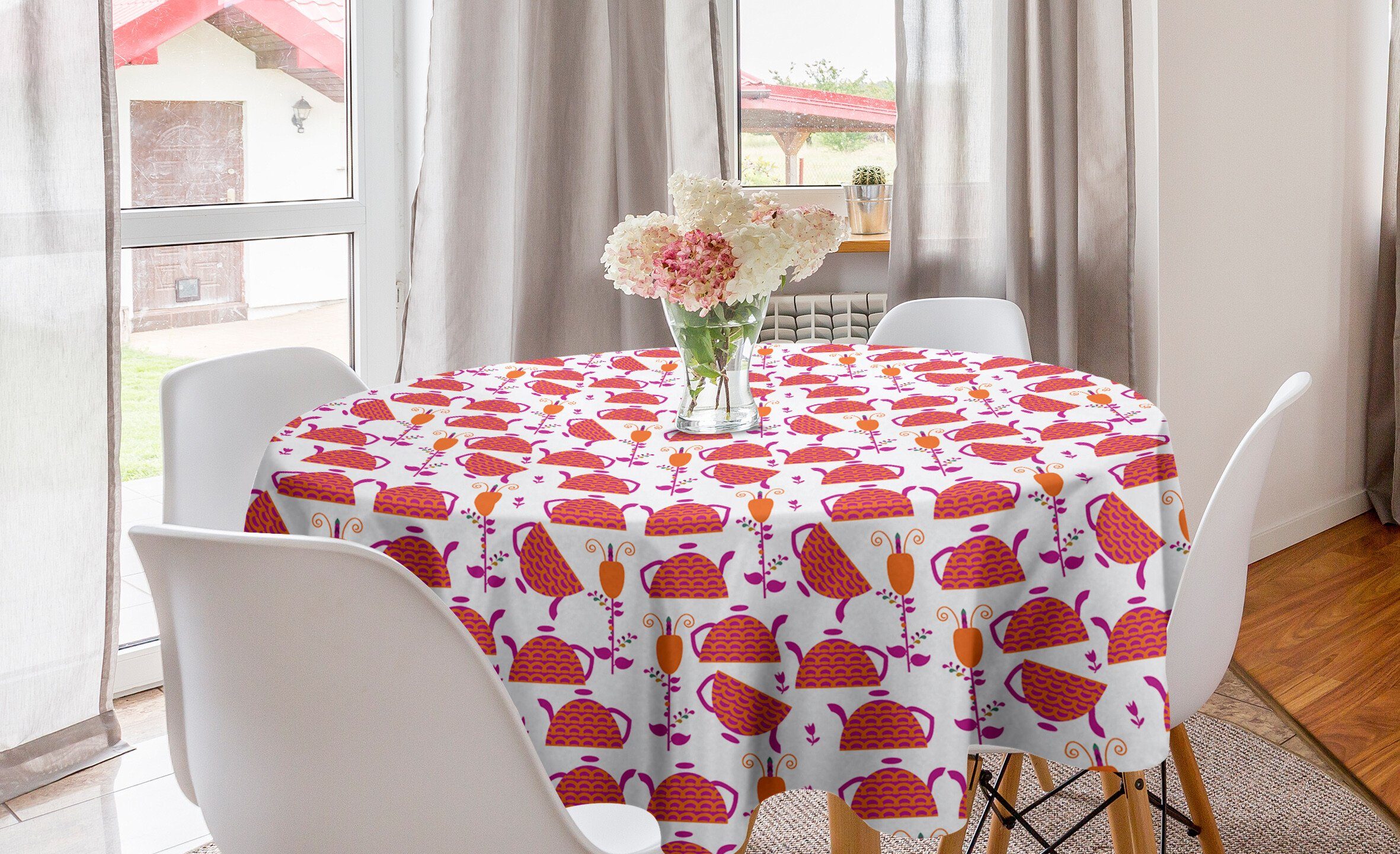 Abakuhaus Tischdecke Kreis Tischdecke Abdeckung für Esszimmer Küche Dekoration, Blumen Moderne Tee-Topf und Blumen | Tischdecken