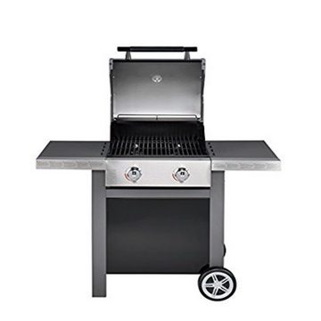 JAMIE OLIVER Gasgrill Home 2 Zweiflammiger Premium BBQ Grillwagen 8 Personen platzensparend, aus hochwertigen Edelstahl, Gusseisen, Stahl, Inkl. Abdeckhaube & Gasschlauch, Edelstahl Standgrill Outdoor Gasgrill Balkongrill Gartengrill Grill