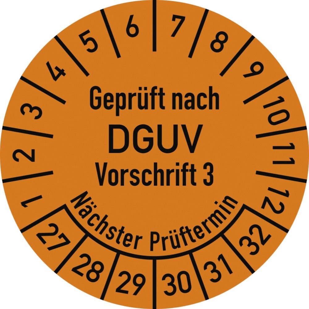 Hinweisschild Prüfplakette Geprüft nach DGUV V3 ..., 2027-2032, Folie, Ø 30 mm, 10 S