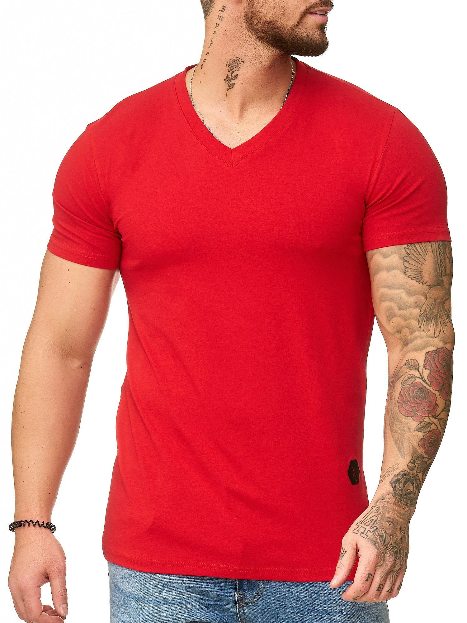 T-Shirt OneRedox Kurzarmshirt 1309C Polo (Shirt Freizeit 1-tlg) Rot Fitness Casual Tee,