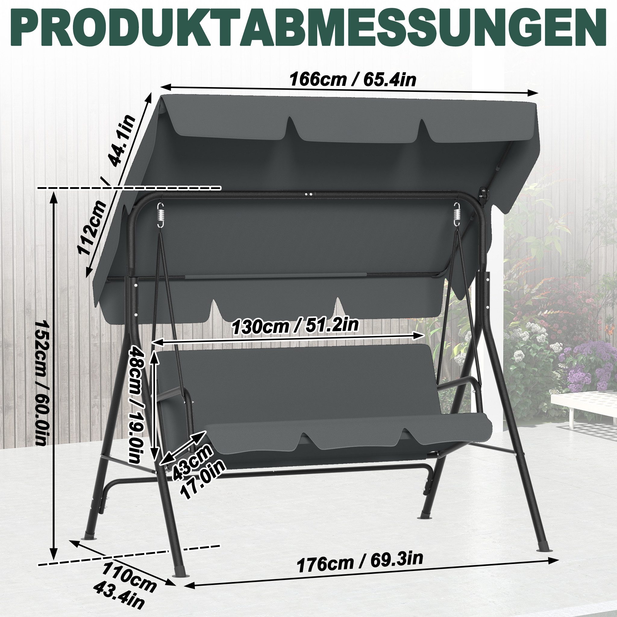 FIVMEN Hollywoodschaukel Gartenschaukel 3-Sitzer Gartenliege Schaukelbank Garten Schaukel, 176x110x152cm, Metall Hängeschaukel mit Verstellbarem Sonnendach Liegefunktion