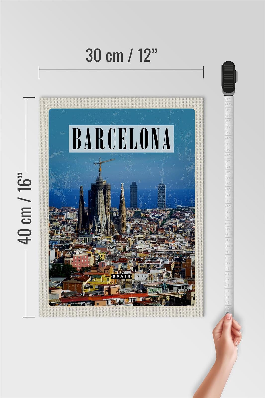 Femer GmbH Holzbild Reise 30x40cm Barcelona Spanien Blick auf Stadt, (1 St), Glatte Holzfaserplatte (MDF), vorn beschichtet