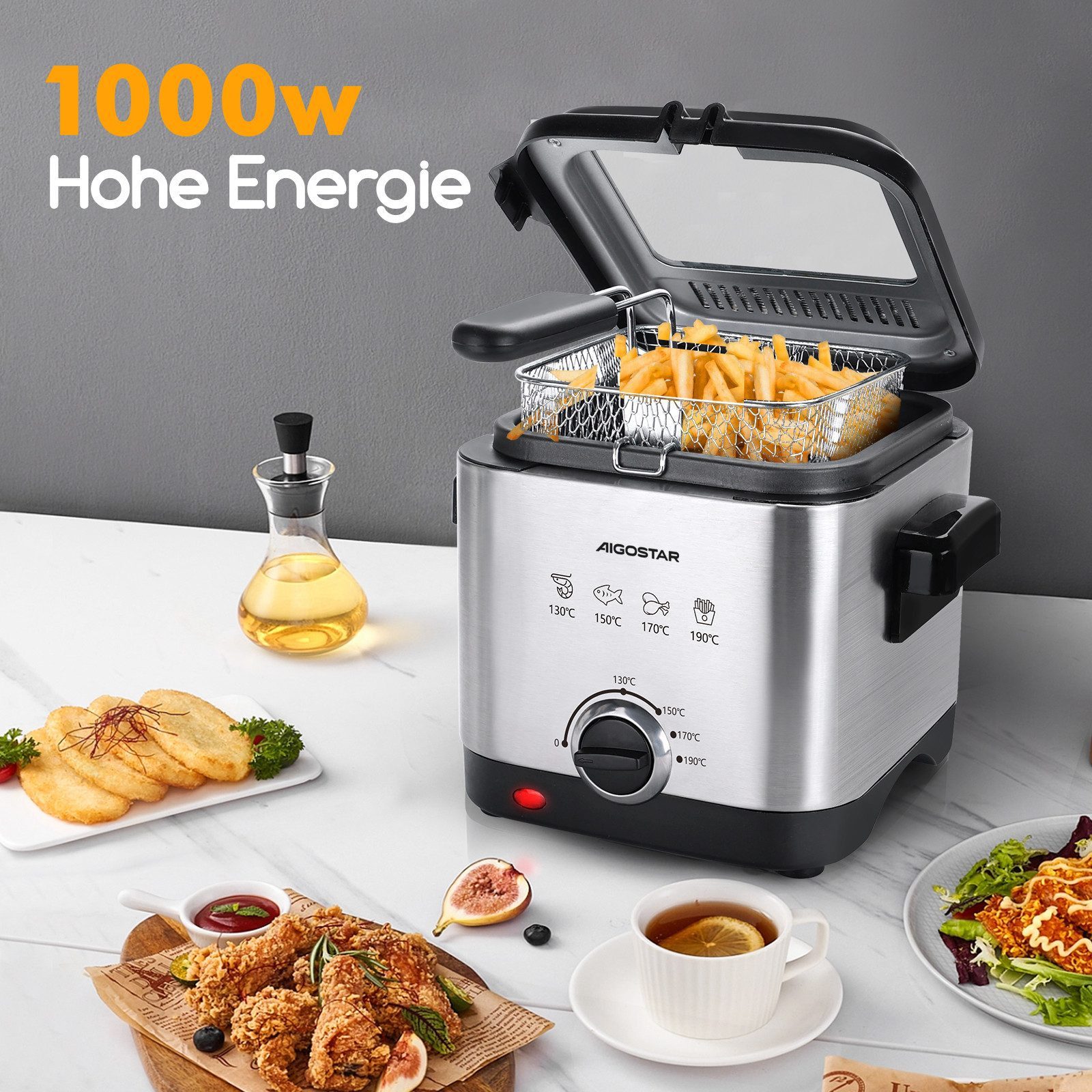 Aigostar Fritteuse Mini Fritteuse, Temperaturkontrolle, Edelstahl 1,5 L,1000W Fries