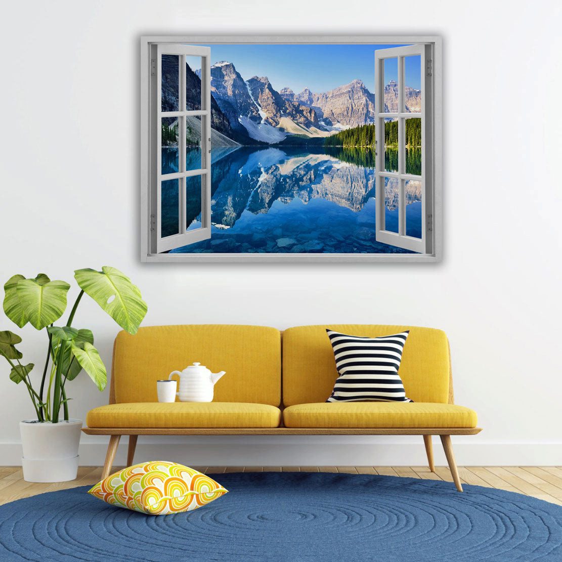 Artedinoi Leinwandbild Fensterblick Bergsee Berge Panorama Leinwandbild Wandbild XXL, Fensterblick auf Bergsee und Alpen