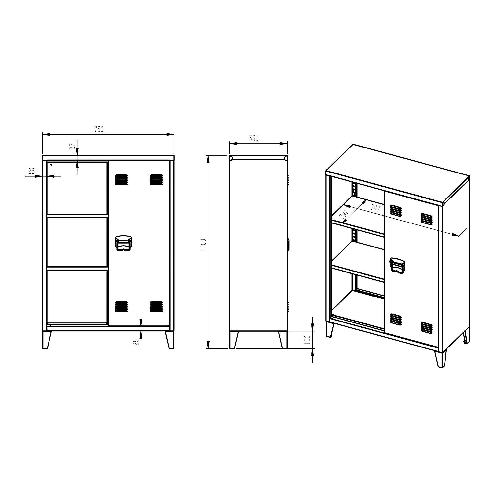 en.casa Aktenschrank Oripää 2 Ablagen 2 cm mit und Metallschrank Türen Weiß 110x75x33