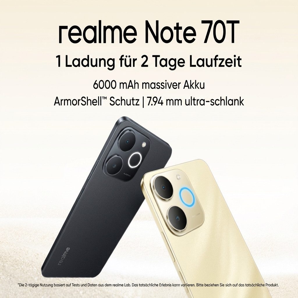 Realme Note 70T 6,75'' Smartphone 6000mAh, 7,94mm Ultra-Slim, IP54 Handy Smartphone (6.75 Zoll, 64 GB Speicherplatz, 13 MP Kamera, Android 15, 90Hz, 4GB + 64GB, Militär-Stoßfest, 15W Schnellladung)