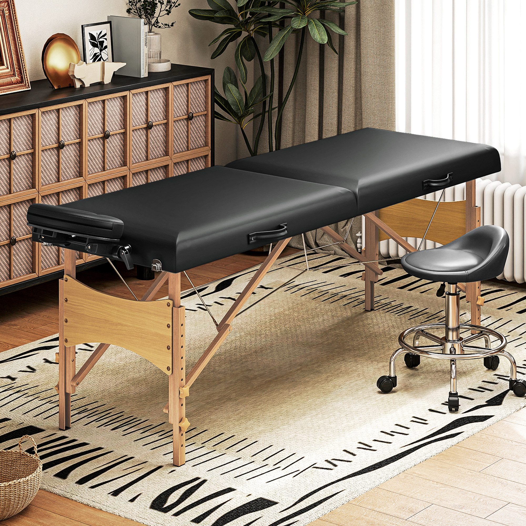 HOMCOM Massageliege 2 Zonen Klappbar Massagetisch Höhenverstellbar Massagebank (Kosmetikliege, 1-St., Massagebett), 70 cm Breit mit Kopfstütze, Holzfüßen Schwarz
