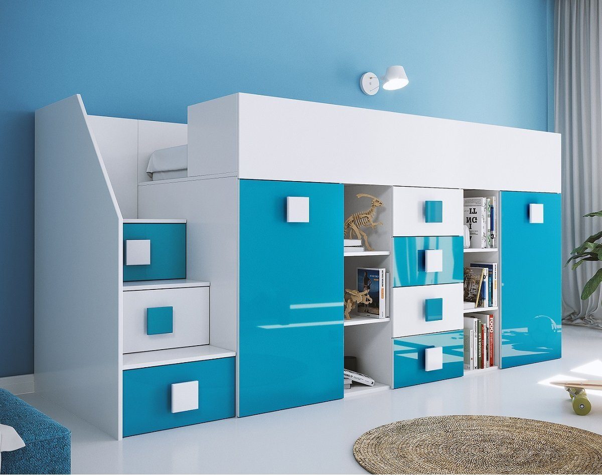 QMM TraumMöbel Hochbett TELLY 3 mit Treppe links (Möbelstück, 1-St., Bett mit Schrank, Schreibtisch, Schubladen, Regale, Treppe) ausziehbarer Schreibtisch mit weiteren Stauräumen