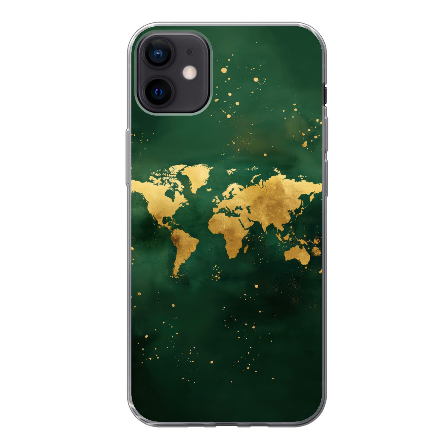 MuchoWow Handyhülle für Apple iPhone 12 Mini Weltkarte - Grün - Gold, Smartphone-Bumper, Print, Handy Schutzhülle Dünn