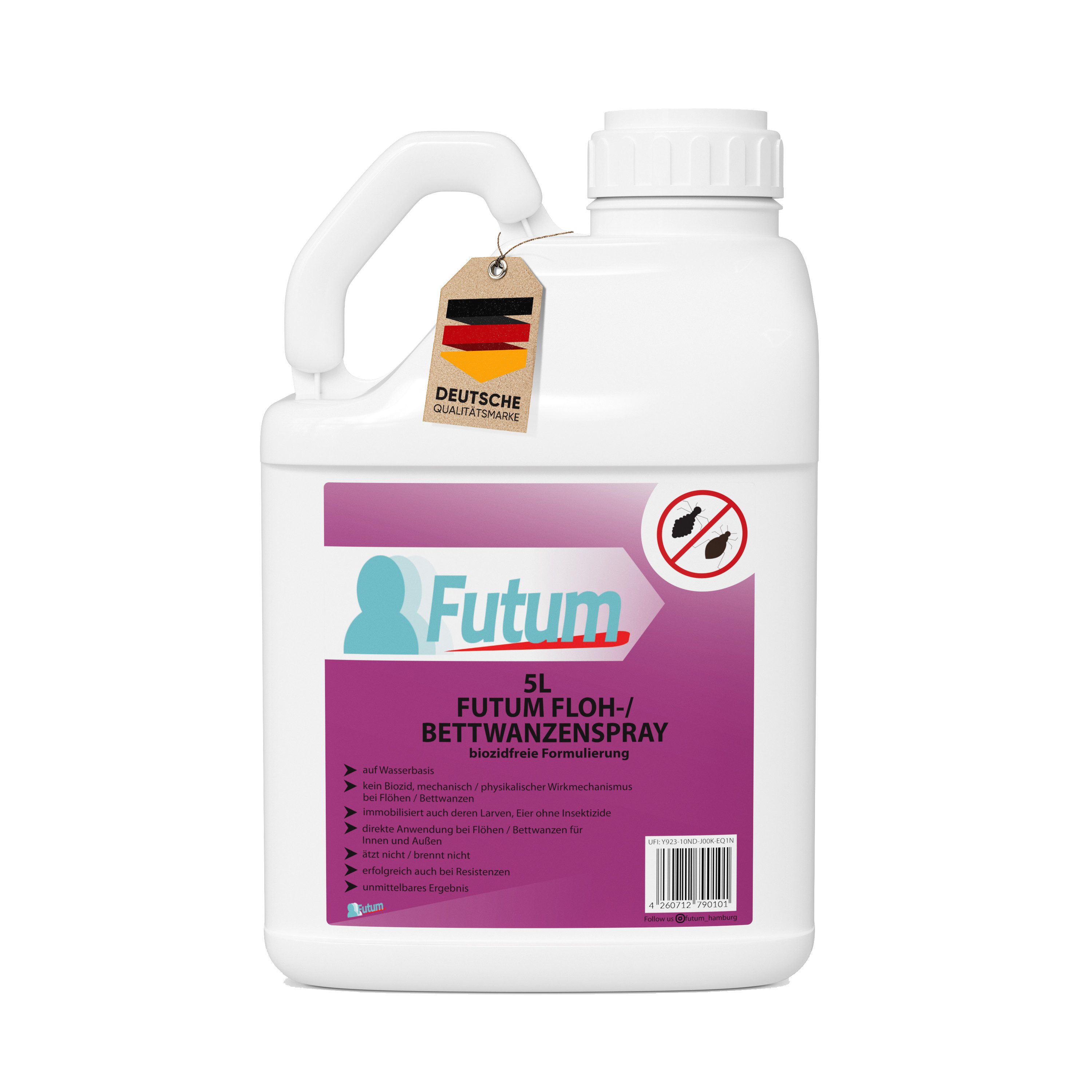 FUTUM Insektenspray Anti-Bettwanzen-Spray Floh-Mittel Ungeziefer-Spray, 5 l, auf Wasserbasis, geruchsarm, brennt / ätzt nicht, biozidfreie Formel