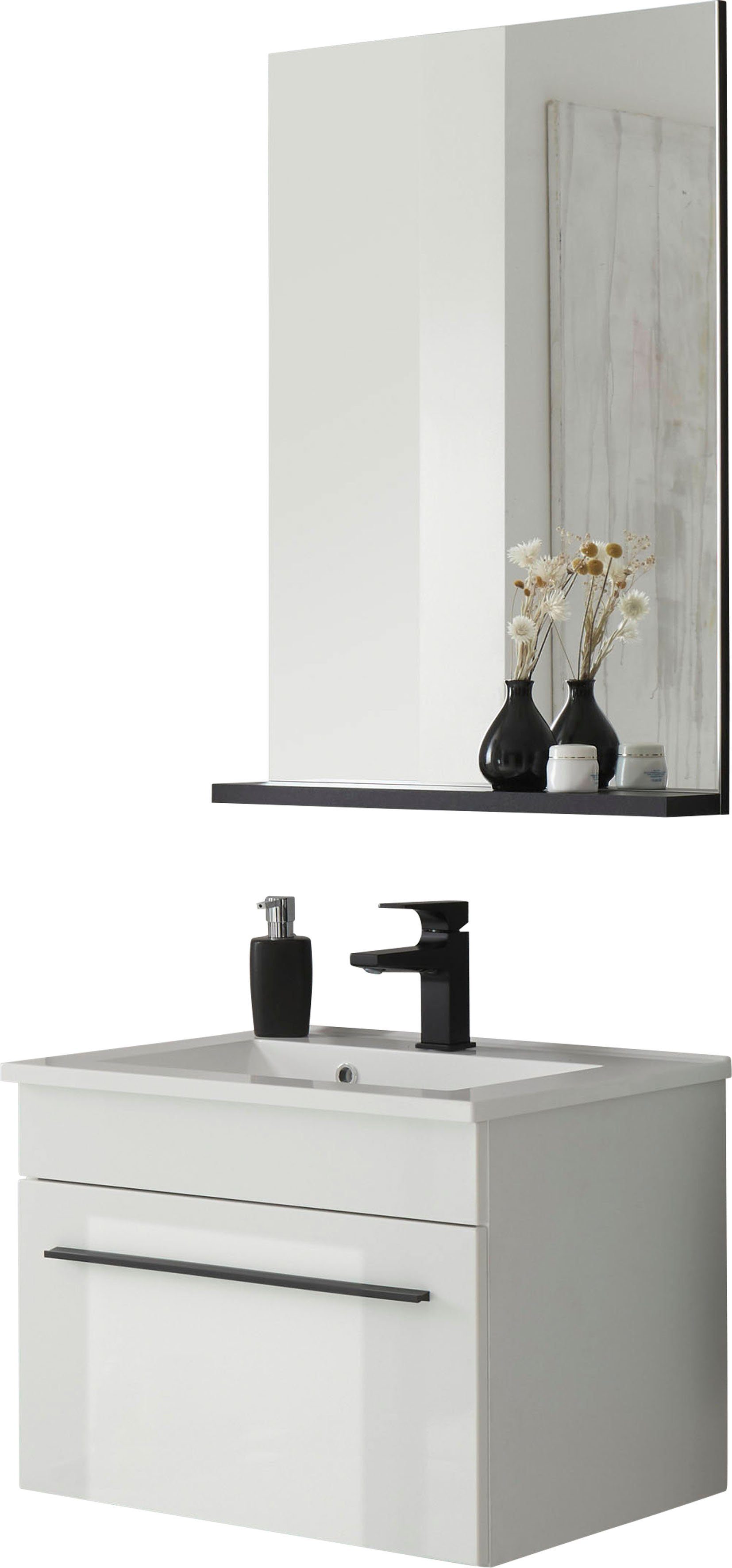 Home affaire Badmöbel-Set Cantara, Bad im modernen Design, 2-teiliges Badezimmer, (Set, 2-St), Waschtisch und Spiegel, in Weiß Hochglanz, viel Stauraum