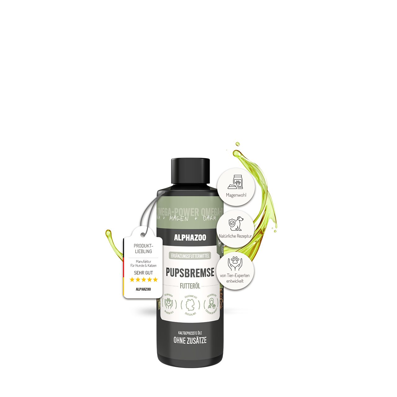 ALPHAZOO Pupsbremse Futteröl für Hunde 100ml, Magen Darm Futteröl für die Verdauung, Ergänzungsfutter für: Hunde, Für den empfindlichen Magen und bei Blähungen