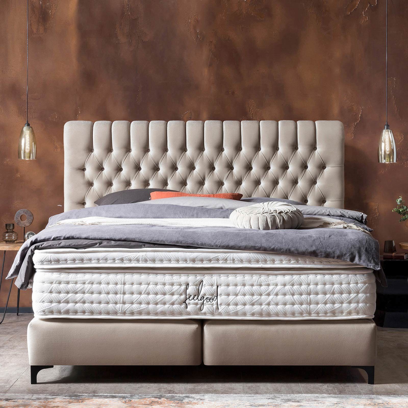 x BettCo Topper, 200 Chester Velours), Metallfüße (140 Chesterfield-Design in + optionaler cm, Schwarze Boxspringbett Creme