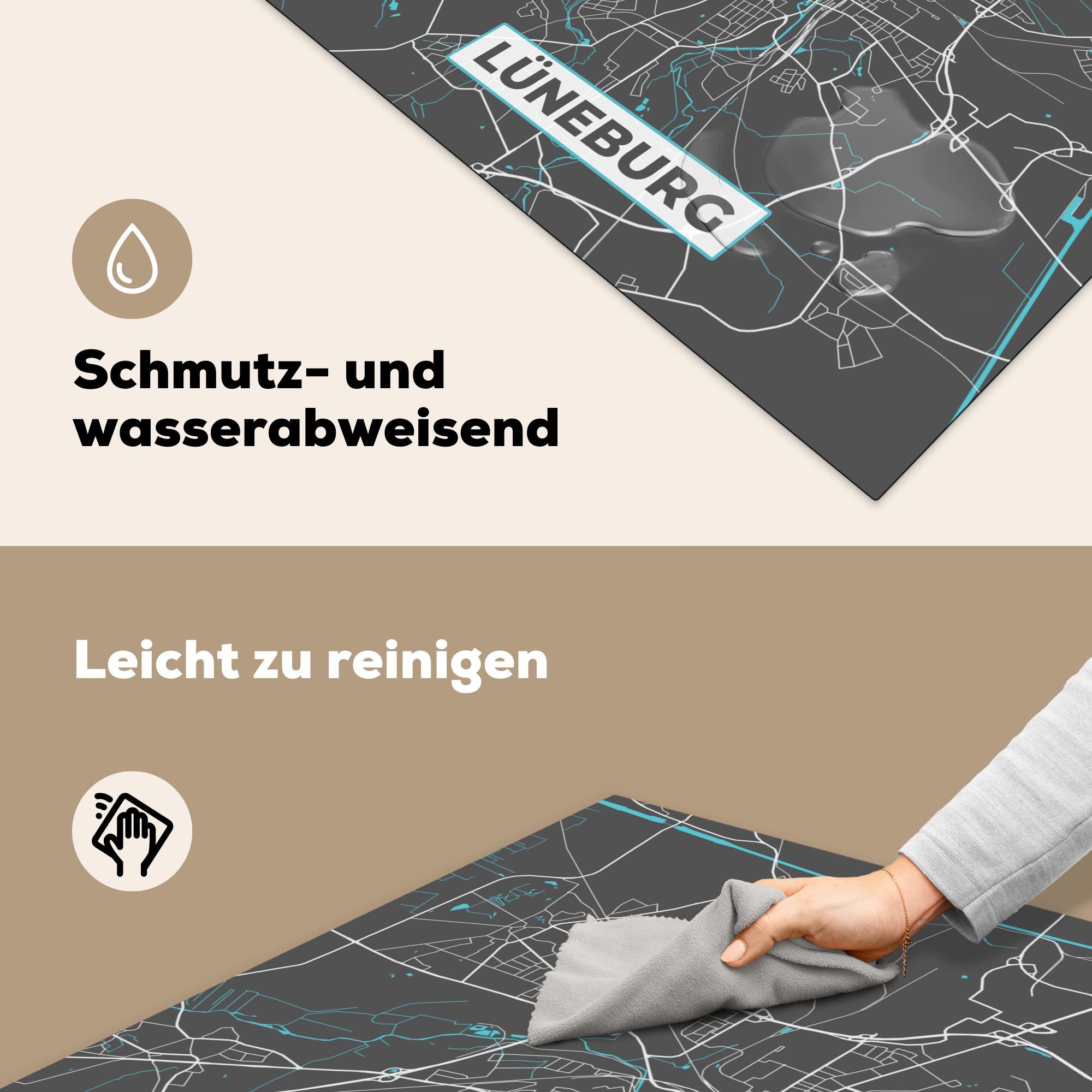 MuchoWow Herdblende-/Abdeckplatte - Ceranfeldabdeckung, Arbeitsplatte Karte, Deutschland tlg), (1 - Lüneburg 78x78 cm, Vinyl, Stadtplan - für küche