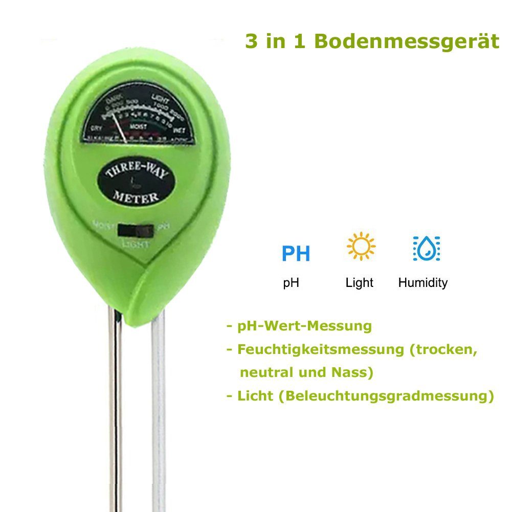 Bolwins Bodenfeuchtesensor L15C Boden Tester Kit Messgerät Pflanze Blumen PH Feuchtigkeit 3in1, (3-in-1 Bodenmessgerät Set, 1-tlg., 1× 3-in-1 Bodentestgerät), 3-in-1 Messgerät für Bodenfeuchte, pH-Wert und Licht, analog
