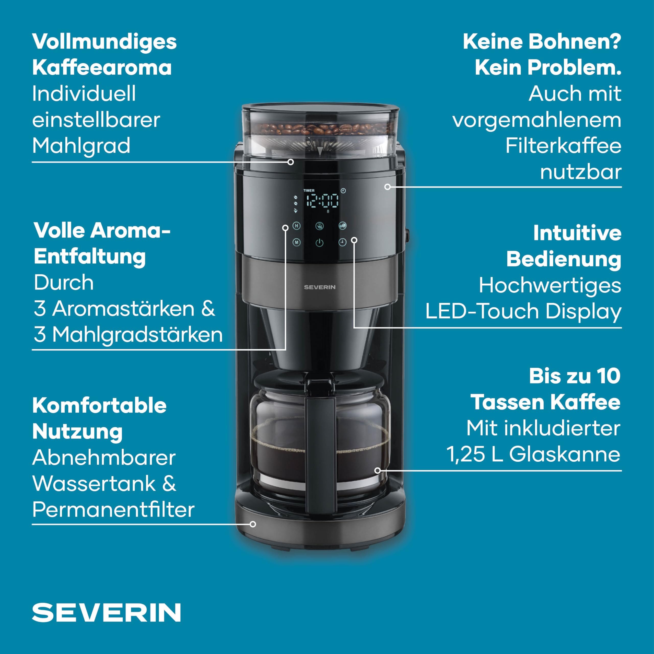 Severin Filterkaffeemaschine 4830, Integrierte Kaffee-Mühle, 10 Tassen, LED-Display, 900W, Edelstahl