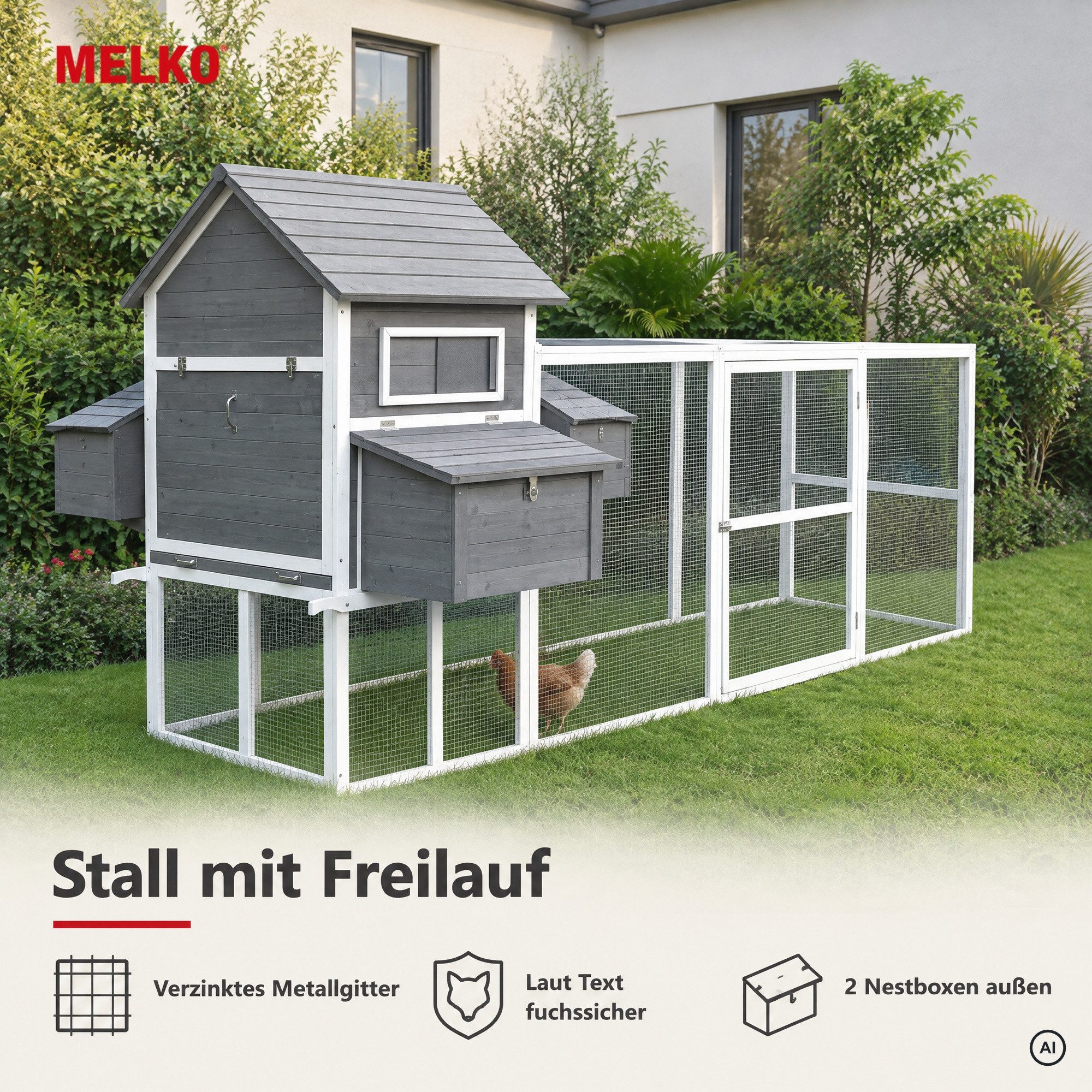 Melko Hühnerstall Geflügelstall Hühnervoliere Hühnerhaus Hühner Freilaufgehege, 2 Nestboxen mit insgesamt 4 Legenestern, XXL Freilaufgehege – Bild 2 von 5