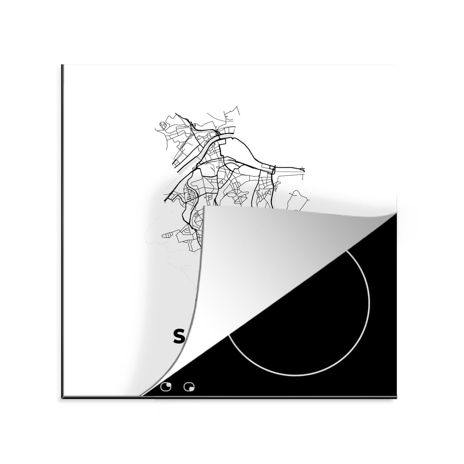 MuchoWow Herdblende-/Abdeckplatte Karte - Stadtplan - Seraing - Belgien - Schwarz und weiß, Vinyl, (1 tlg), 78x78 cm, Ceranfeldabdeckung, Arbeitsplatte für küche