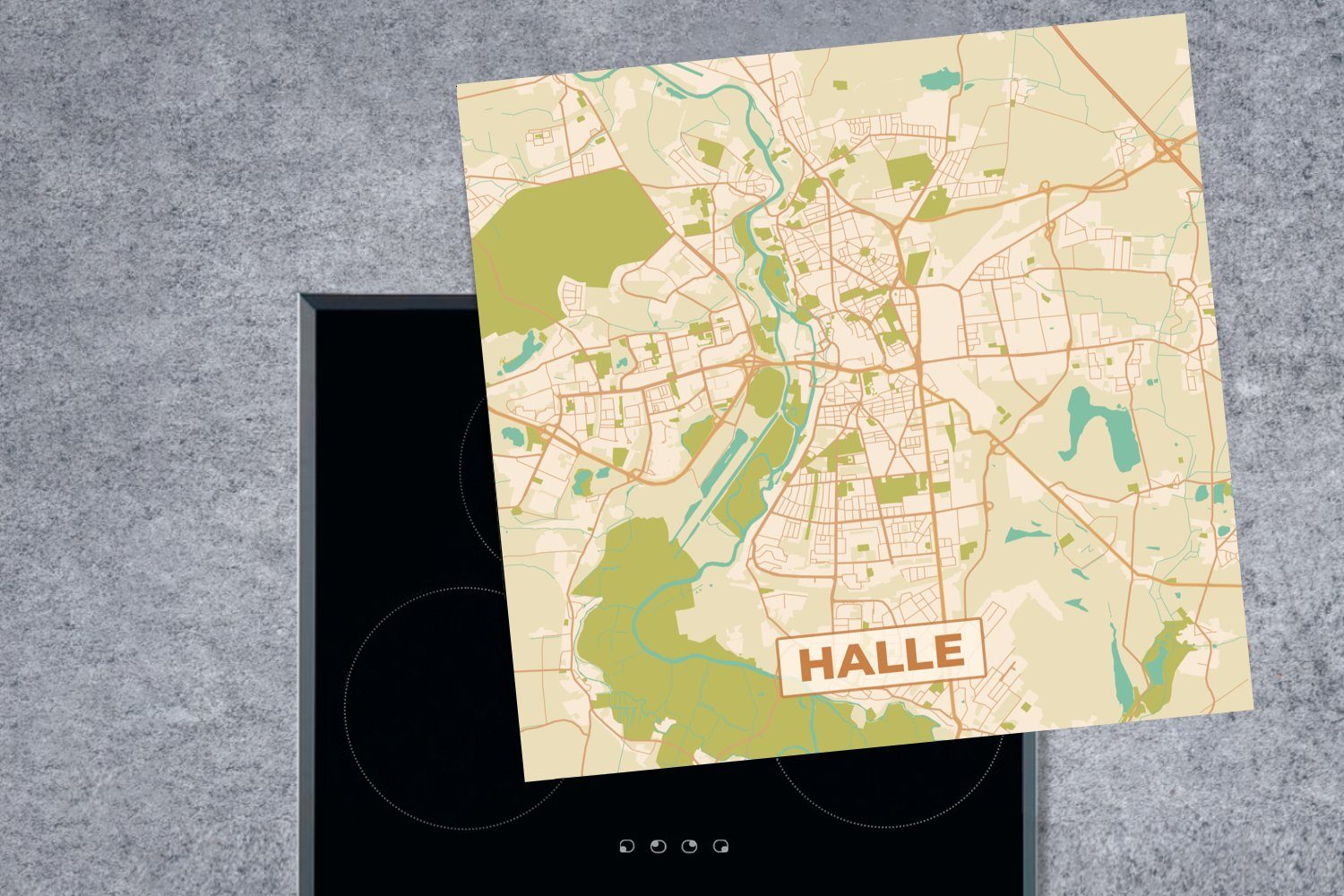 MuchoWow Vinyl, cm, tlg), Karte, Arbeitsplatte - Jahrgang Halle - - Karte Ceranfeldabdeckung, küche für 78x78 Herdblende-/Abdeckplatte (1