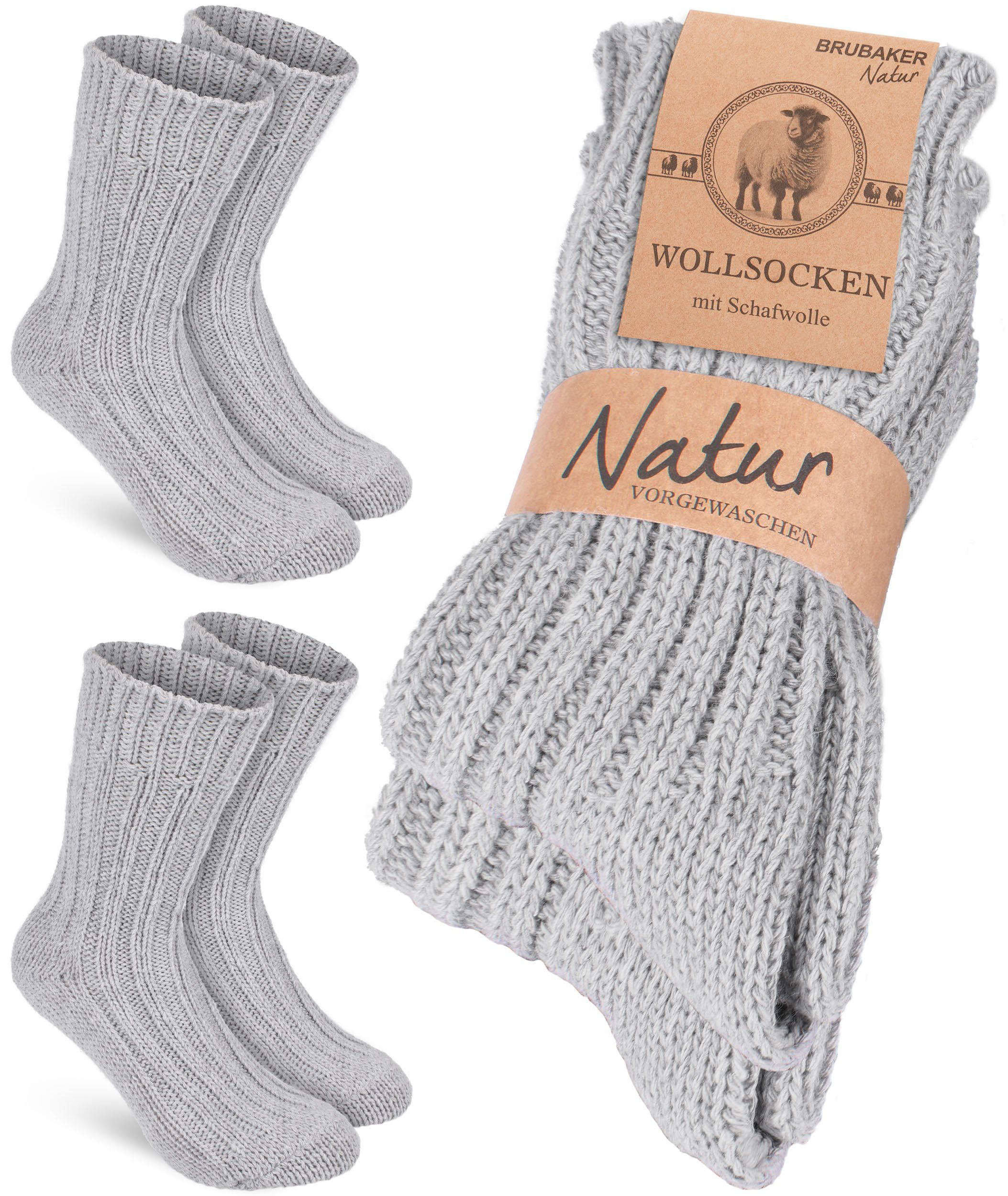 BRUBAKER Socken Wollsocken - Wintersocken für Damen und Herren - Warm und Flauschig (2-Paar) Stricksocken Set mit Schafwolle - Winter Thermosocken Grau