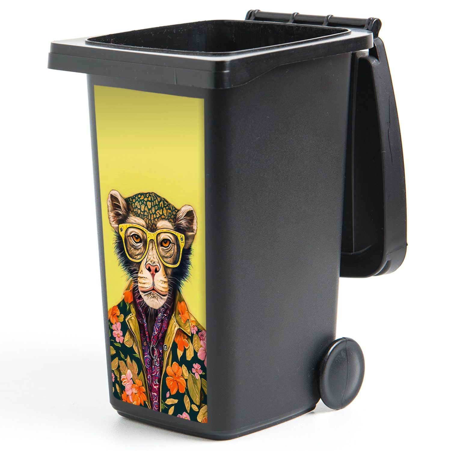 Tiere Mülleimer-aufkleber, Design Abfalbehälter - - Affe Container, (1 St), - Blumen MuchoWow Wandsticker Mülltonne, Brillen - Sticker,