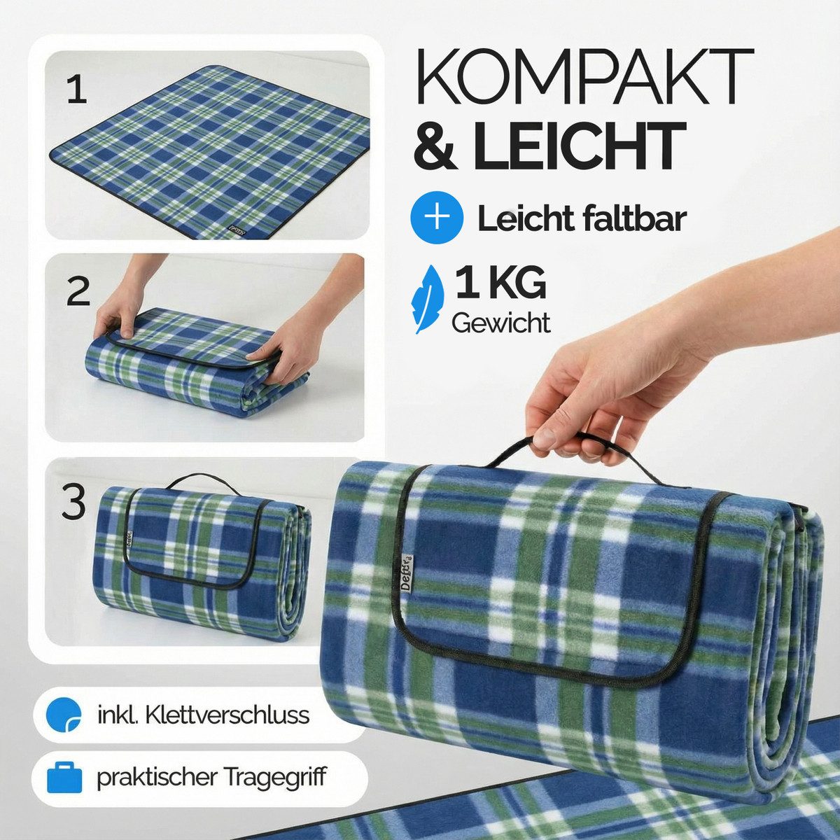 Picknickdecke, Detex, XXL 200x200 cm Wasserdicht Wärmeisoliert 4-6 Personen Karo/Blau