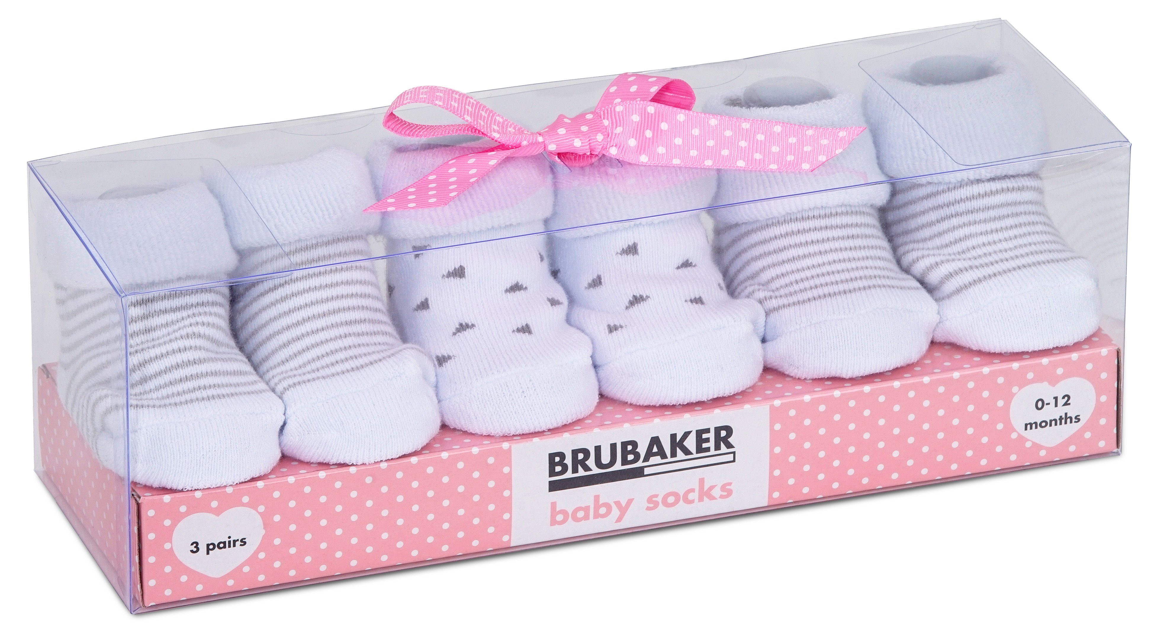 BRUBAKER Шкарпетки Babysocken für Mädchen 0-12 Monate (3-Paar, Baumwollsocken mit Dreiecken und Streifen) Baby Geschenkset für Neugeborene in Geschenkverpackung mit Schleife