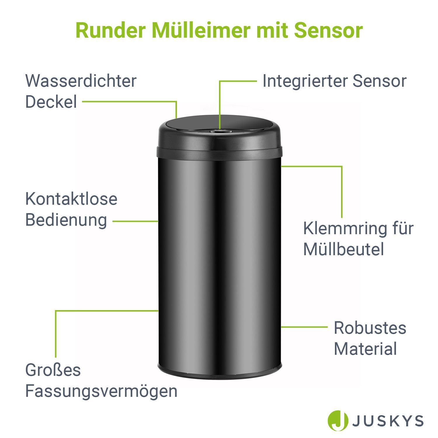 Juskys Mülleimer, 40 L Volumen, Schließen, mit Schwarz Sensor, / rostfrei geräuscharmes Öffnen