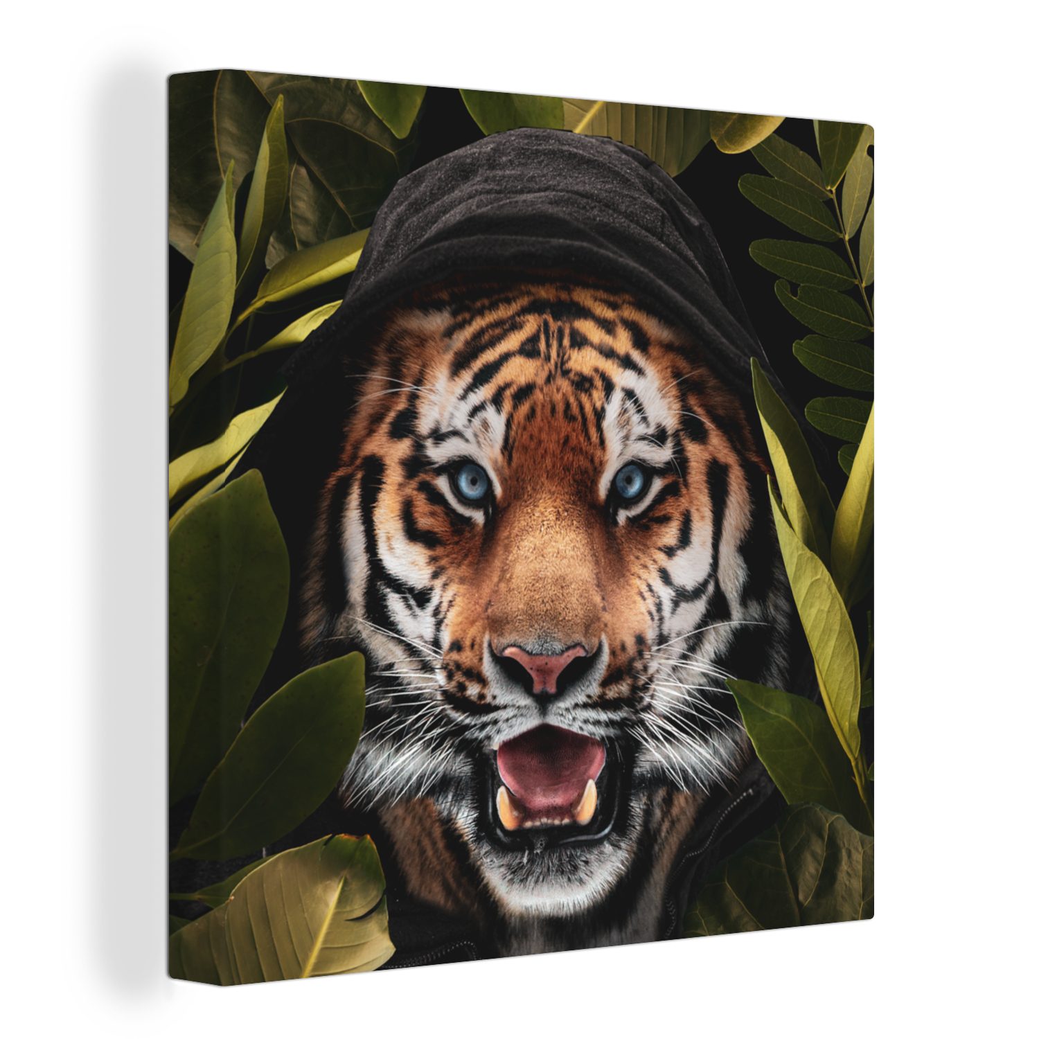 OneMillionCanvasses® Leinwandbild Tiger - Dschungel - Blätter, (1 St), Leinwand Bilder für Wohnzimmer Schlafzimmer