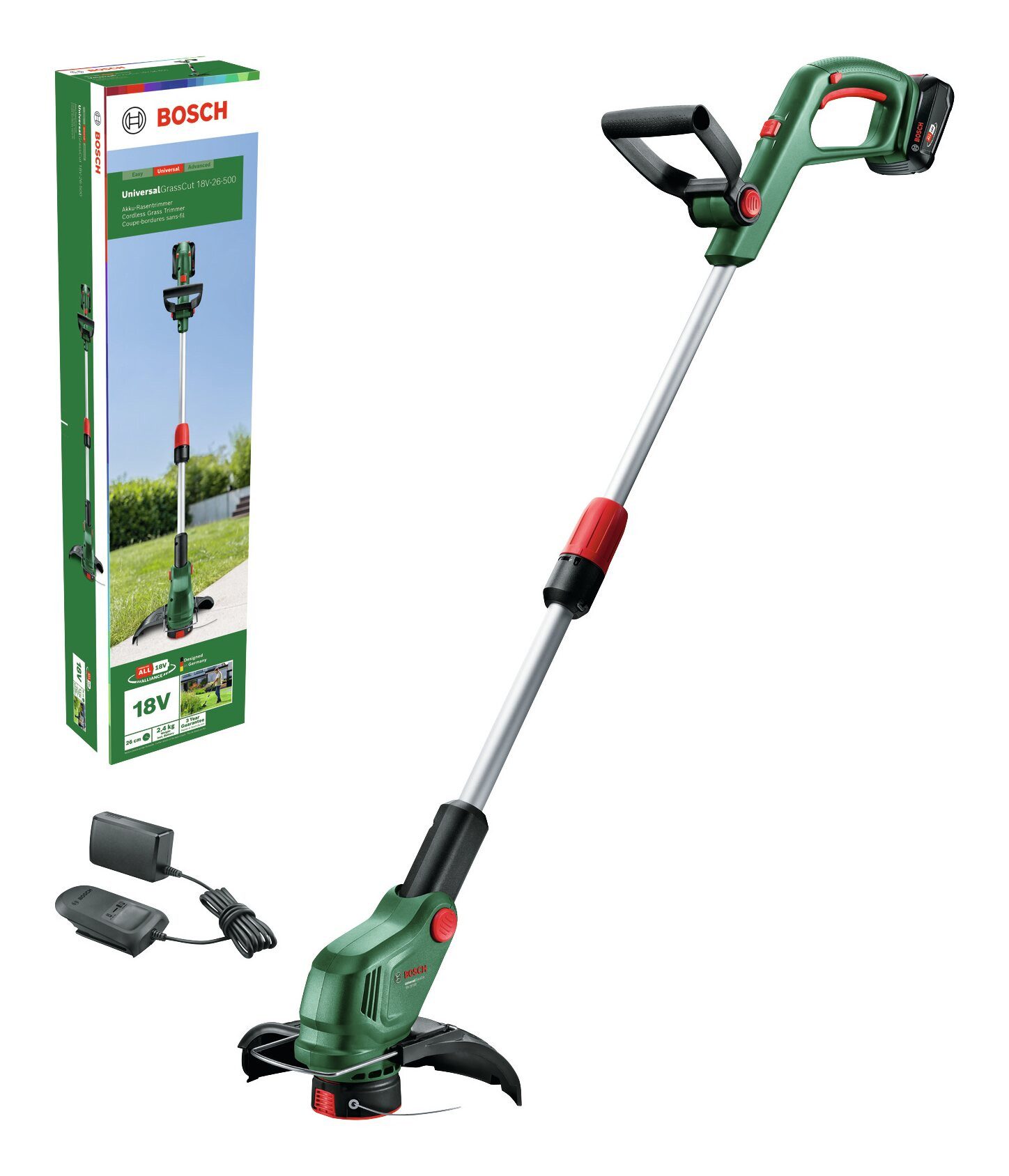 BOSCH Akku-Rasentrimmer UniversalGrassCut 18V-26-500, 26 cm Arbeitsbreite Faden, Mit 1x Akku 2 Ah - im Karton