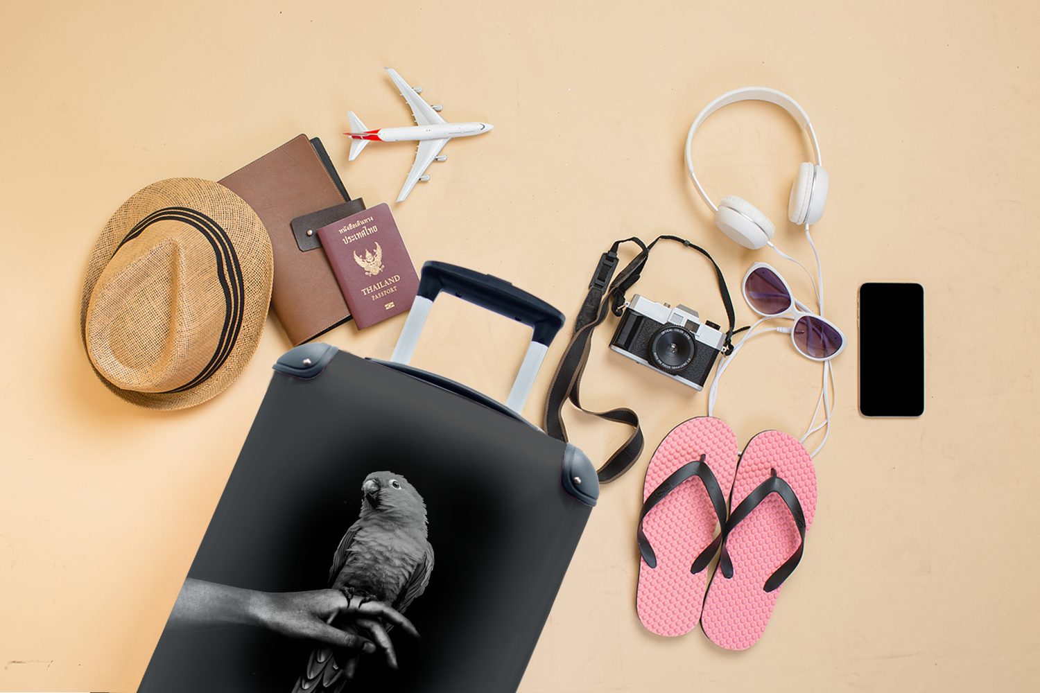 MuchoWow Handgepäck Rollen, schwarzen schwarz 4 mit Reisekoffer einem Hand rollen, Papagei Handgepäckkoffer einer für Trolley, auf Hintergrund vor Ferien, und, Reisetasche -