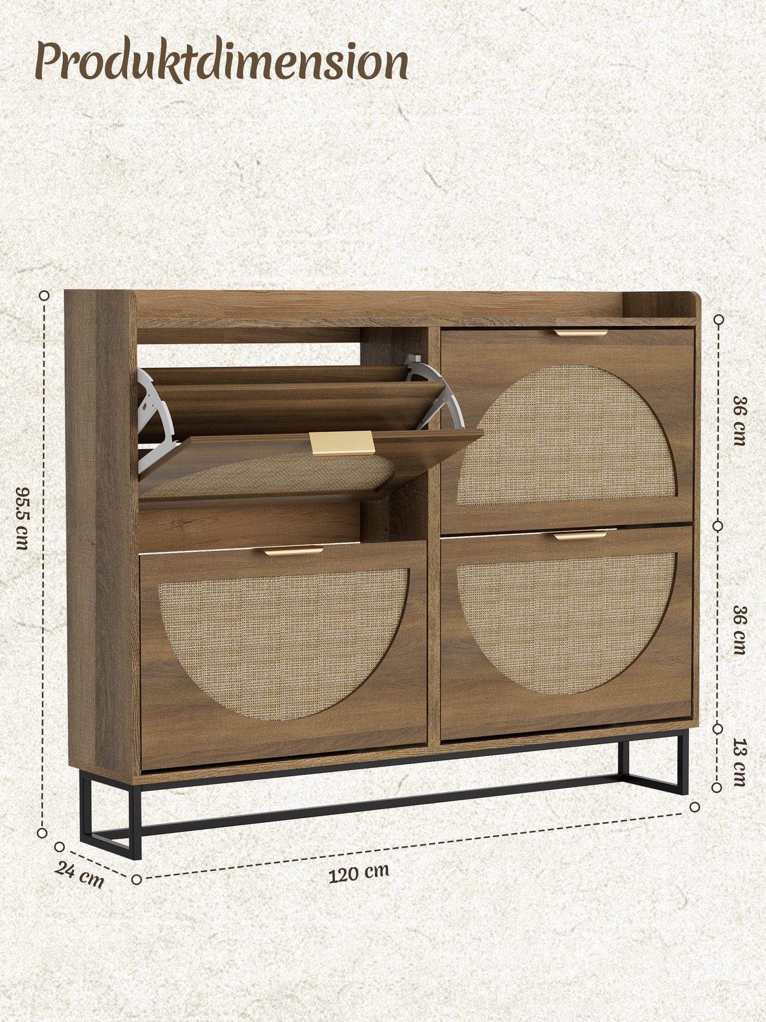 FiveWillowise Schuhschrank Schmal, Schuhaufbewahrung, Schuhablage & Schuhkommode (1-St) Rattan Schuhregal mit 4 Klappen, 120x24x95,5 cm