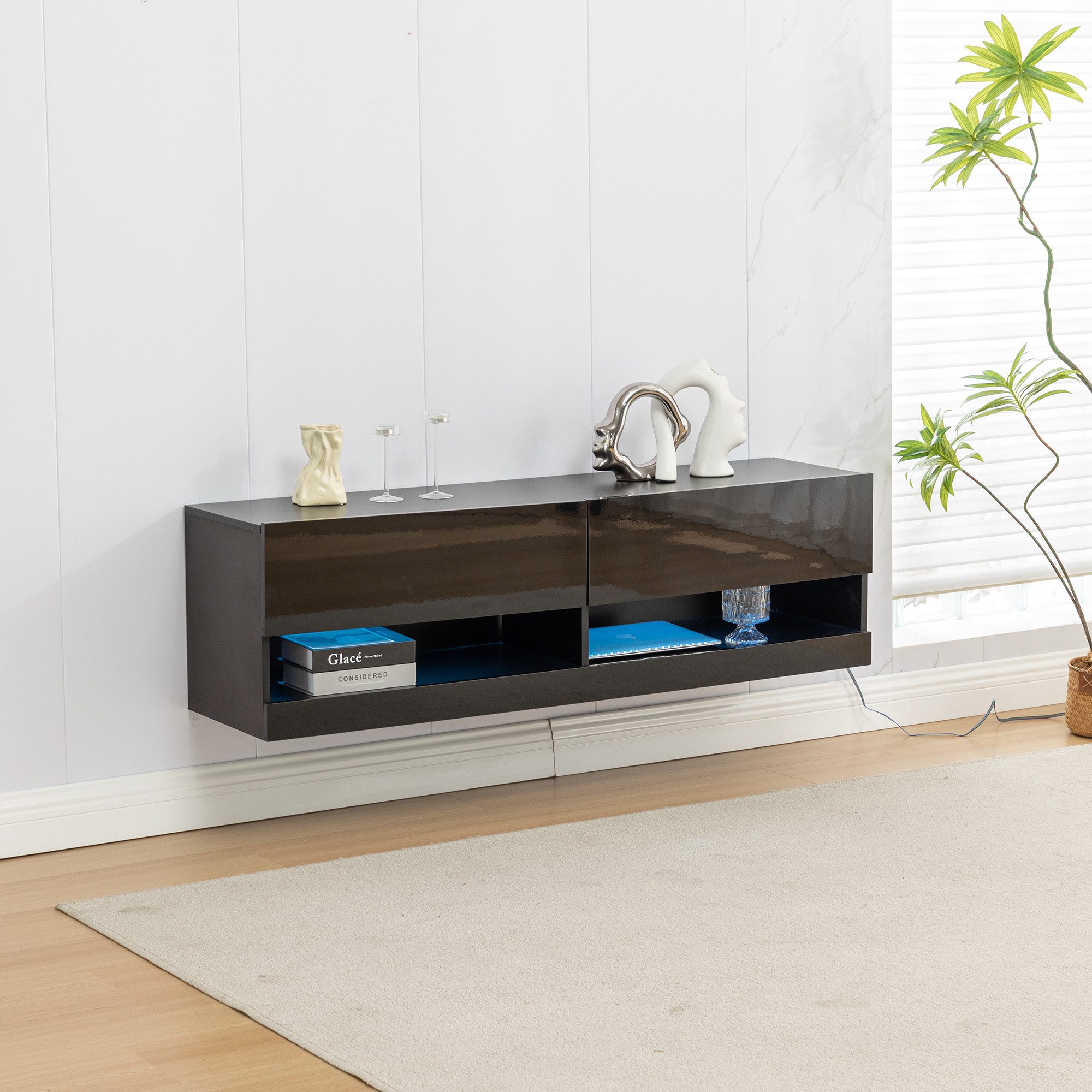 Thanaddo TV-Bank TV Lowboard mit LED Hängend Sideboard 140cm, Hochglanz Fer günstig online kaufen