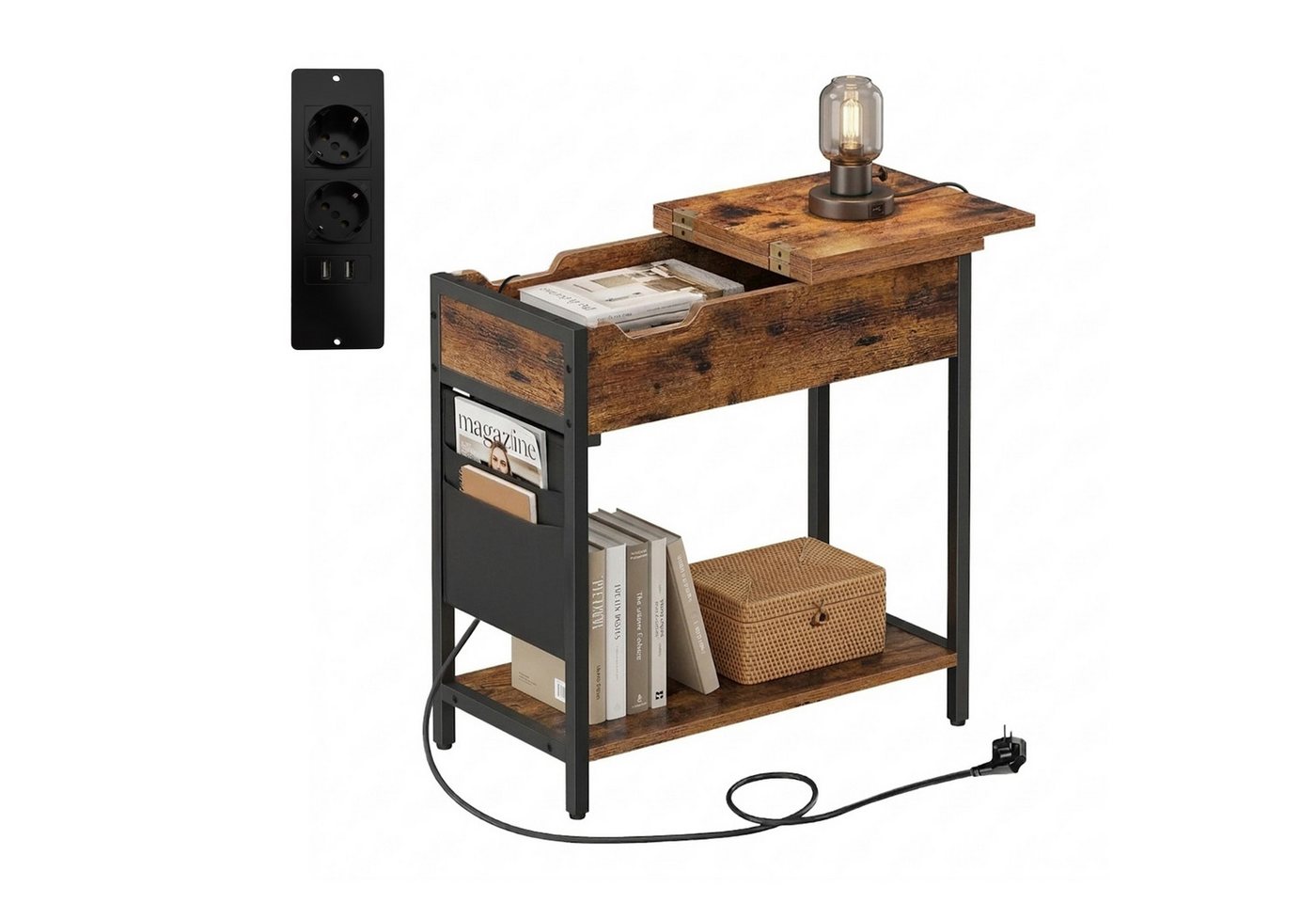 relaxdays Beistelltisch mit Steckdose (1-St), Vintagebraun