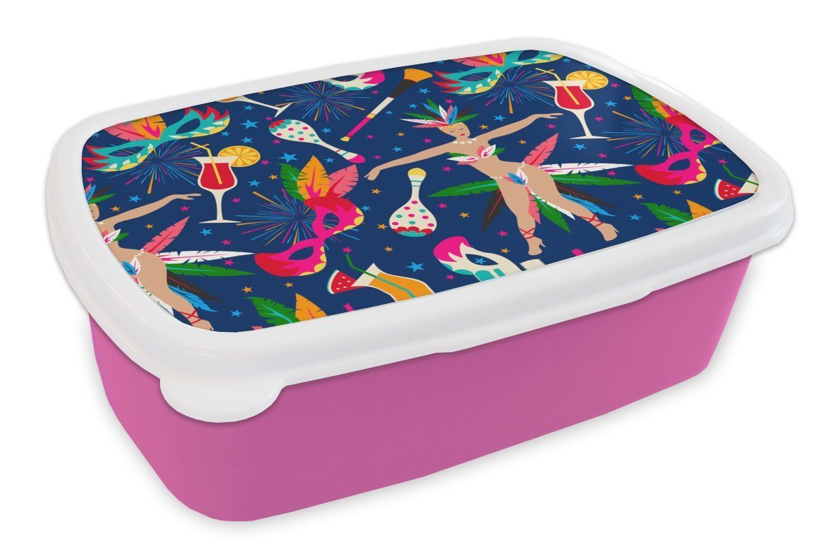 MuchoWow Lunchbox Erwachsene, Kunststoff, Mädchen, Muster, für Kunststoff Brotdose - Kinder, Brotbox Karneval rosa Brasilien (2-tlg), - Snackbox