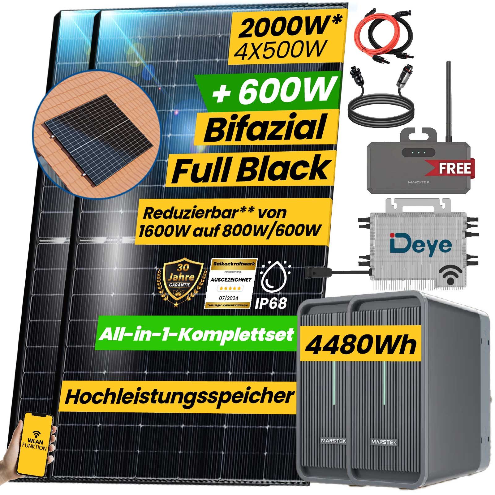Stegpearl Balkonkraftwerk All in one 2000W Balkonkraftwerk mit Speicher Komplettset 4,48 kWh, 2000,00 W, Monokristalline, (Marstek B2500-D Solarspeicher 4,48 kWh, DEYE 1600W WIFI Wechselrichter Drosselbar auf 800W/600W)