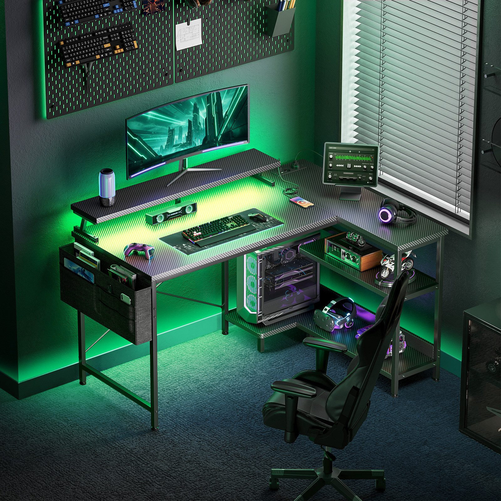 ODK Gamingtisch L Form mit LED-Beleuchtung, 100cm in schwarz mit Kohlefaser-Optik (1-St), Computertisch mit integrierter Steckdose – ideal für Gaming und Büro