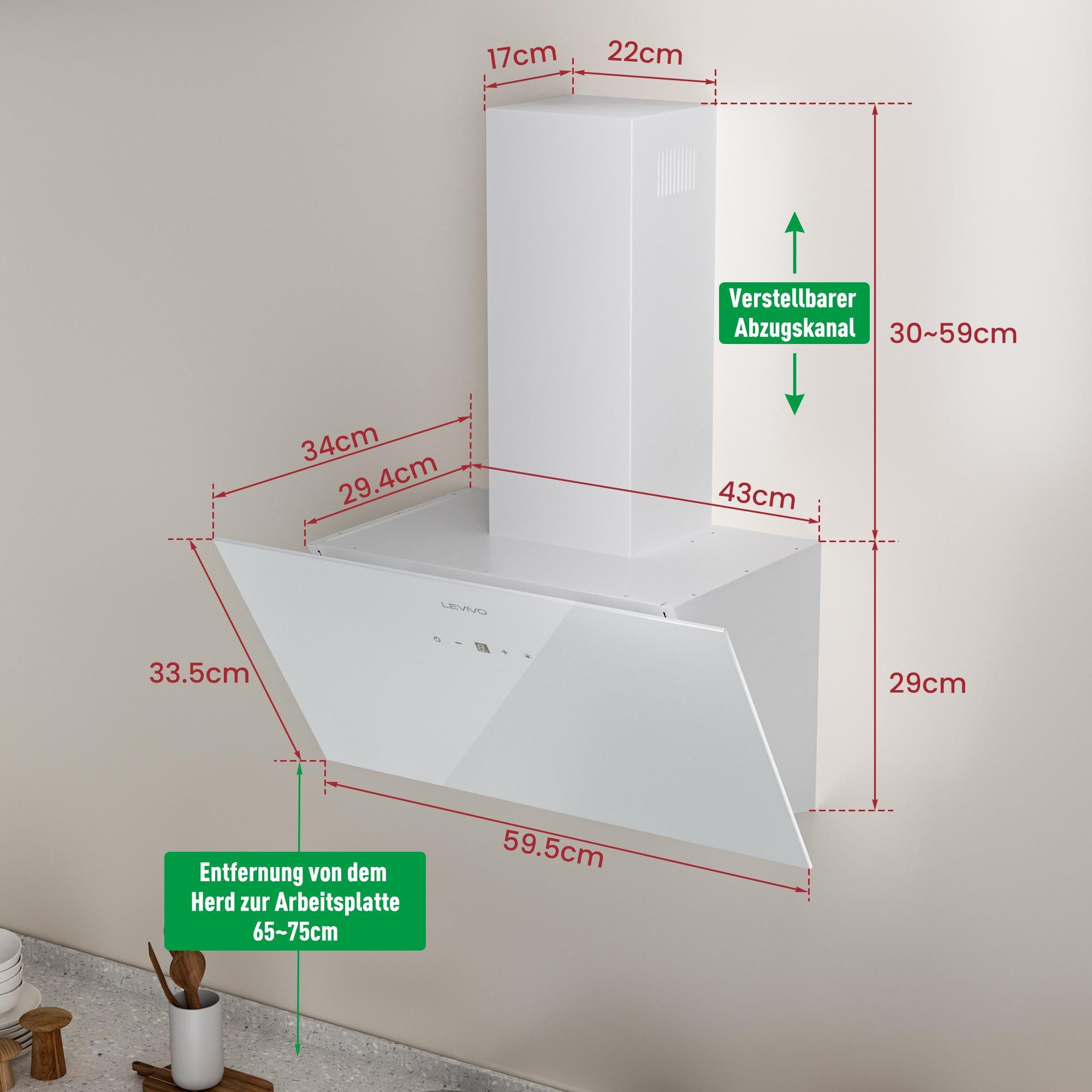 Levivo Kopffreihaube A+++ 420 m³/h Dunstabzugshaube 60cm und 80cm Umluft & Abluft mit 2 Aktivkohlefiltern, 1 Fettfilter, 3 Stufen, Booster, 2 LEDs – Bild 5 von 5
