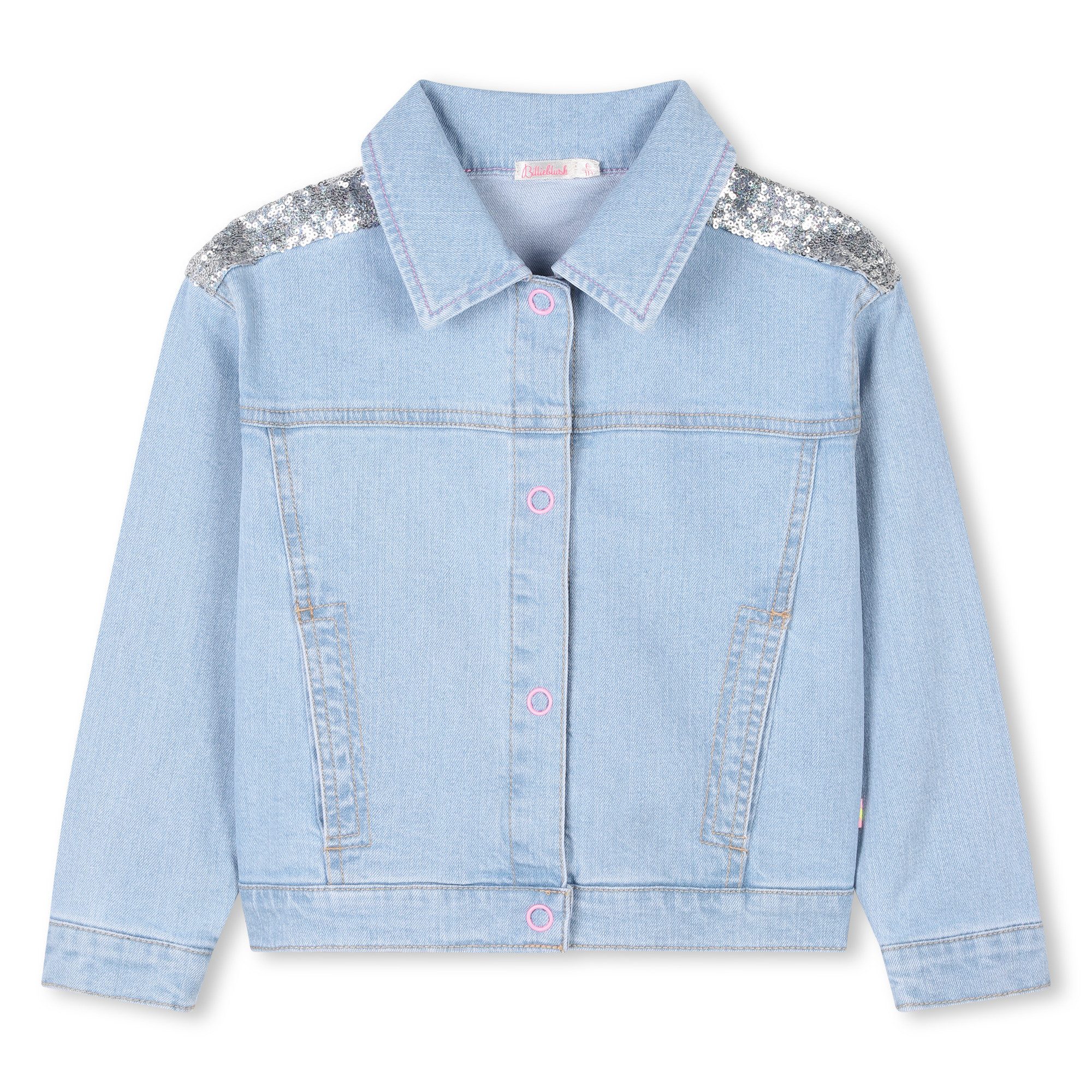 Billieblush Jeansjacke Billieblush hellblaue Jacke mit buntem Paillettenmotiv farbenfrohes Paillettenmotiv auf der Rückseite