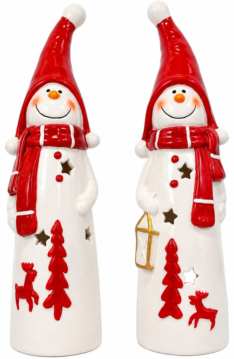 OTTO home Teelichthalter Deko Weihnachten, aus Porzellan detailreich bemalt, 2er-Set, Schneemänner klassisch rot-weiß, jeweils ca.31cm hoch