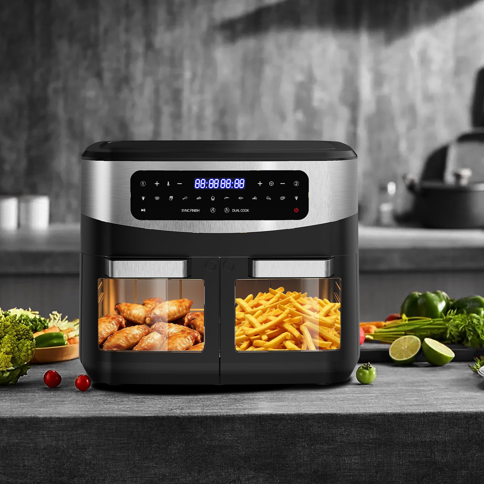 AIMAX Heißluftfritteuse Dual Zone Airfryer mit Sichtfenster, LED-Touch, 10 Programmen, gesund & fettarm, 2200 W, Doppelkammer mit herausnehmbarer Trennwand, Ind – Bild 4 von 5