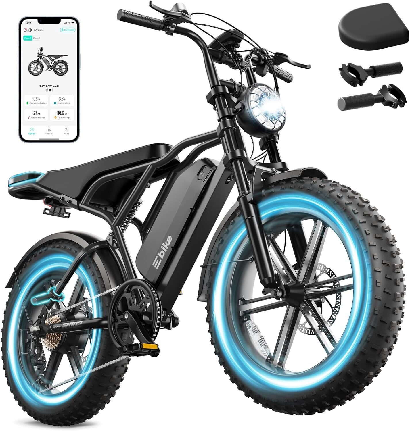 SISIGAD E-Bike Mountainbike 20'' Fat Tire48V 25Ah, Leistung und 130 km Reichweite(PAS), fatbike, Heckmotor, 1200 Wh, 7-Gang Schaltung, Vollfederung und hoher Tragkraft 204kg, LED und APP