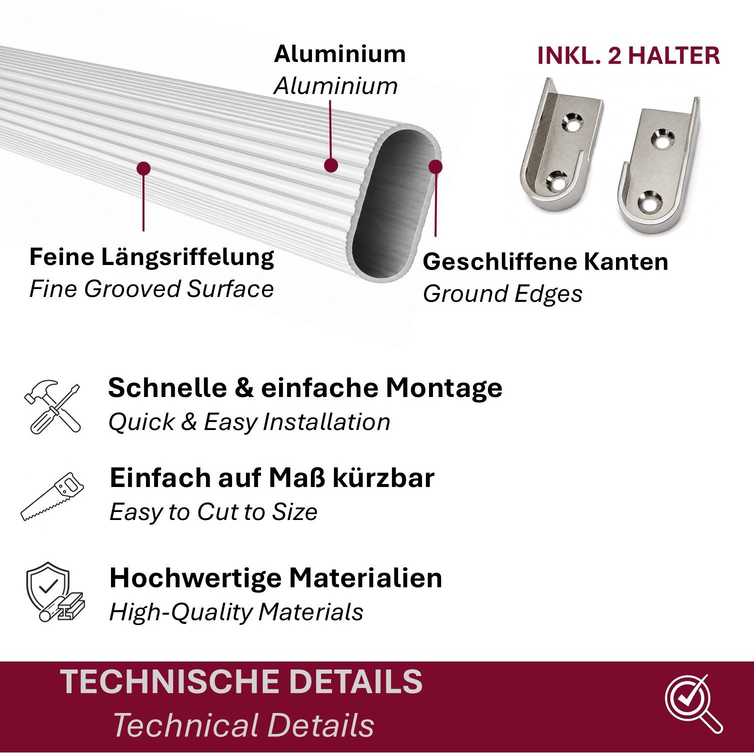 HOOZ Kleiderstange Garderobenstange 50 cm Oval Aluminium inkl. Halter Silber 2er (Set, 2 St., 2 Schrankrohr inkl. 4 Halter), Individuell kürzbar, geschliffene Rohrkanten, stabile Metallhalter