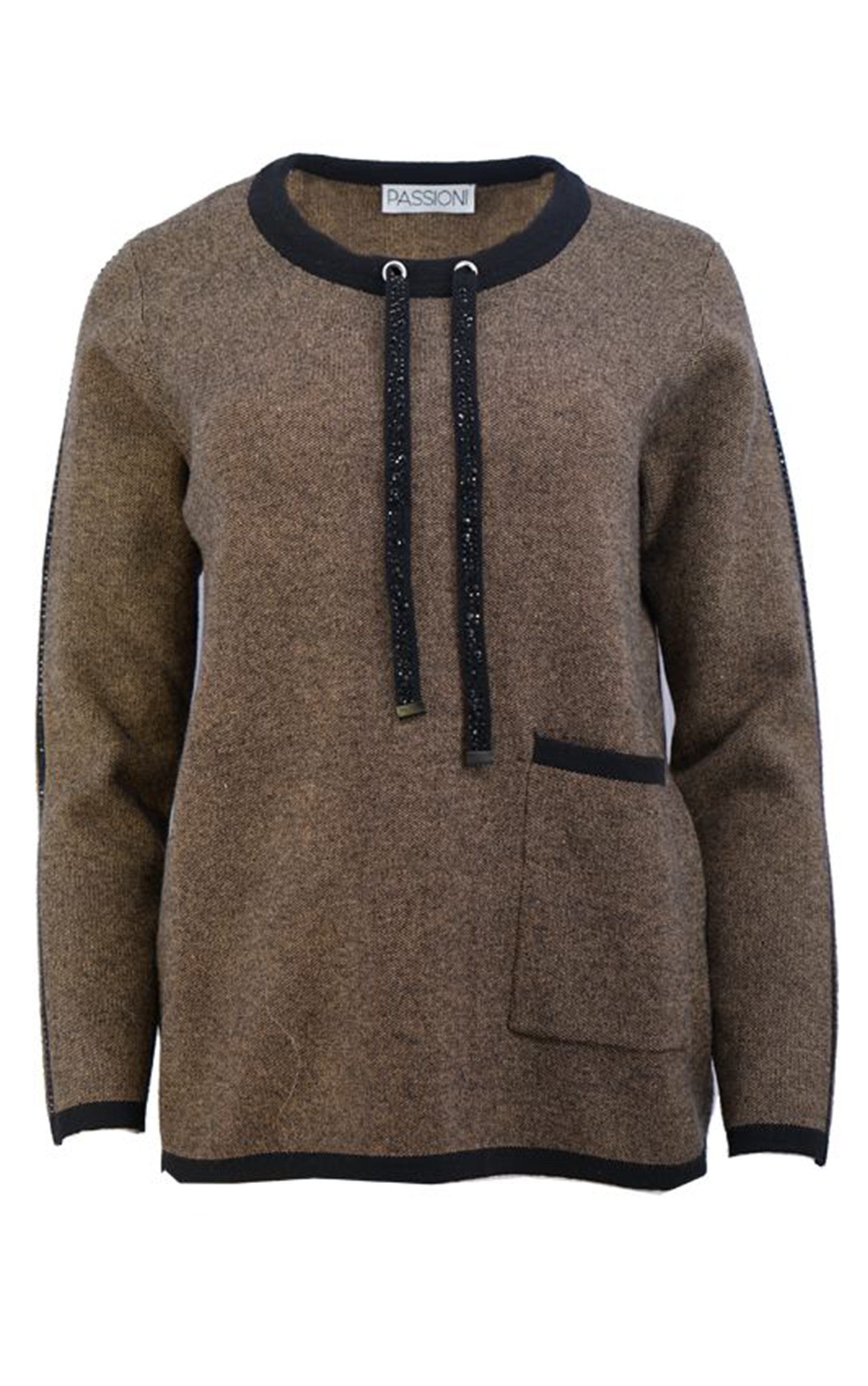 Passioni Strickpullover Sweatshirt mit Strass-Kordeln und Vordertasche günstig online kaufen