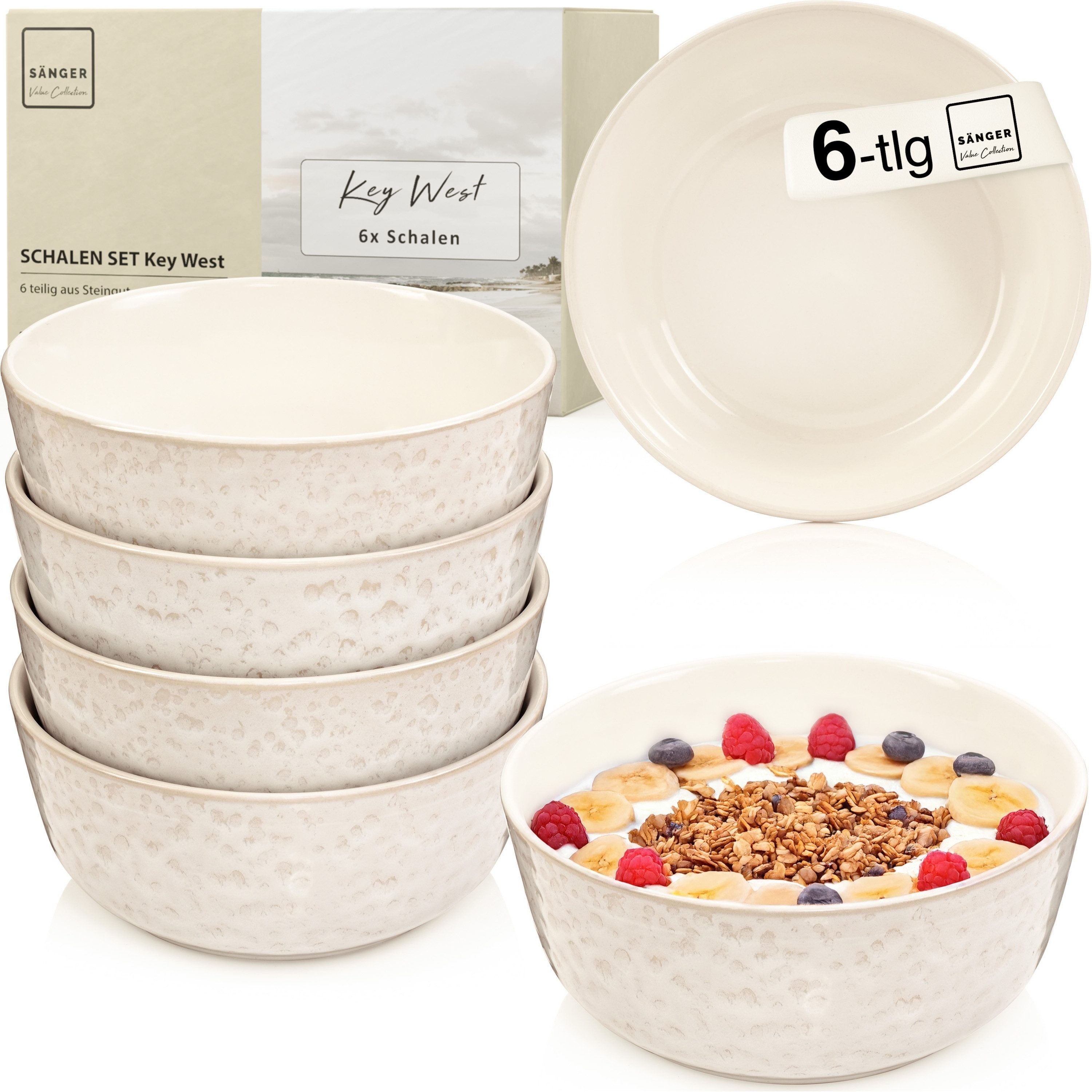 SÄNGER Teller Set Key West, Creme mit sandiger Maserung, (6 St), Schalen Set, 6 Personen, Steingut, Handmade, VALUE COLLECTION